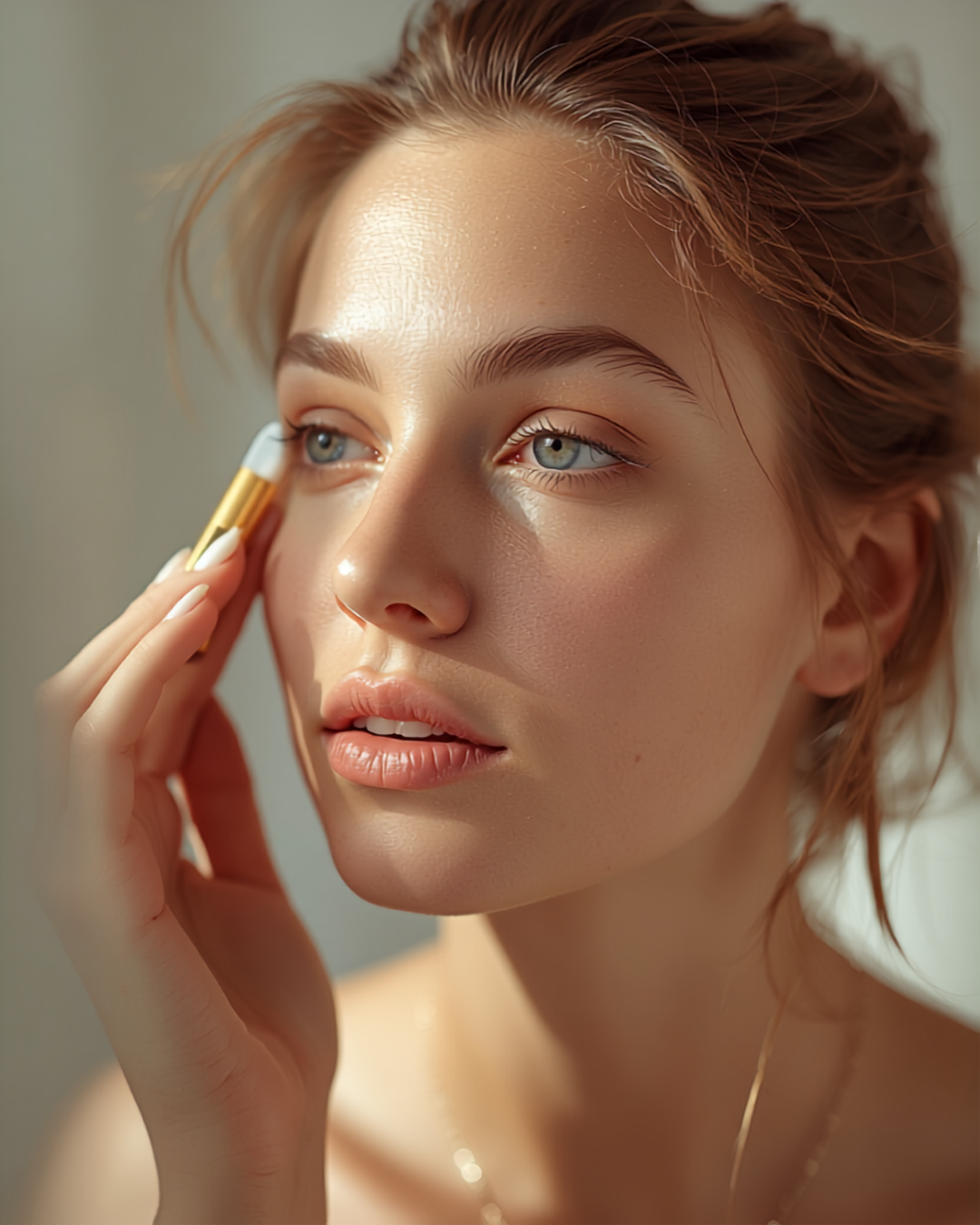 Femme appliquant un stick de soin sous l'œil, lumière douce