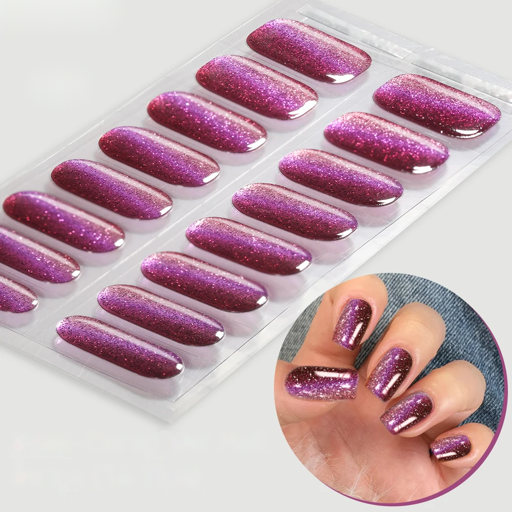 Bandes de vernis semi-permanent autocollantes, coloris violet pailleté