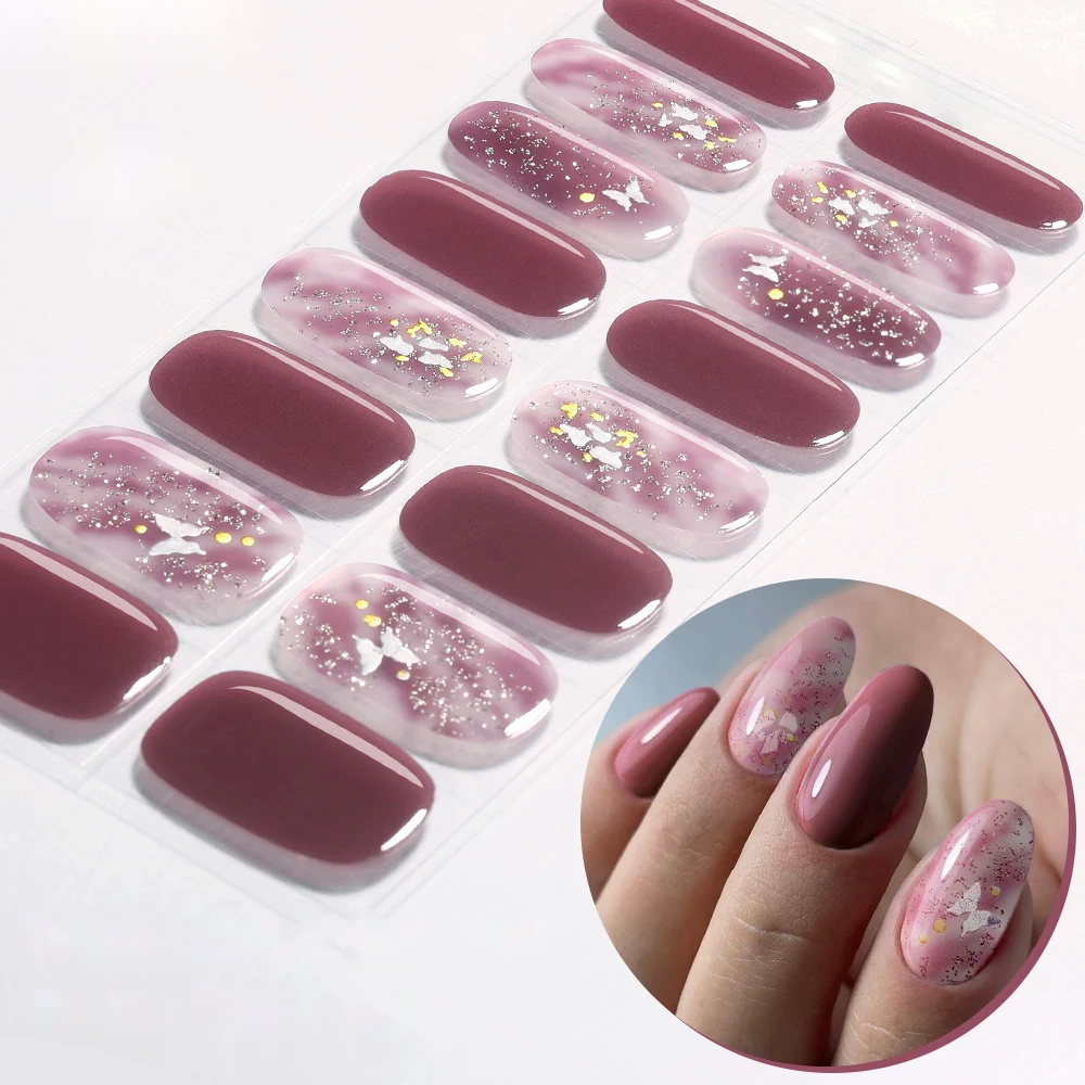 Bandes de vernis semi-permanent autocollantes, coloris mauve papillons