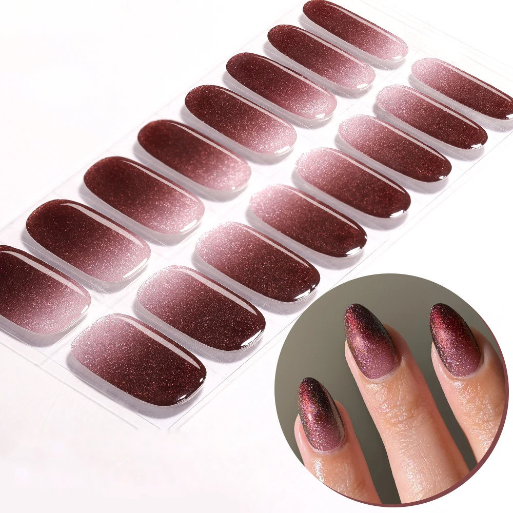 Bandes de vernis semi-permanent autocollantes, coloris bordeaux dégradé nacré